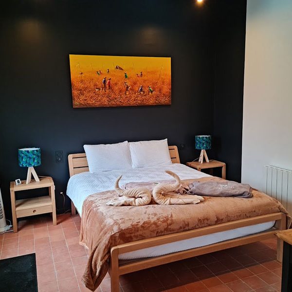 Chambre avec lit queensize, SDE et WC partagés avec une autre personne dans une maison attenante