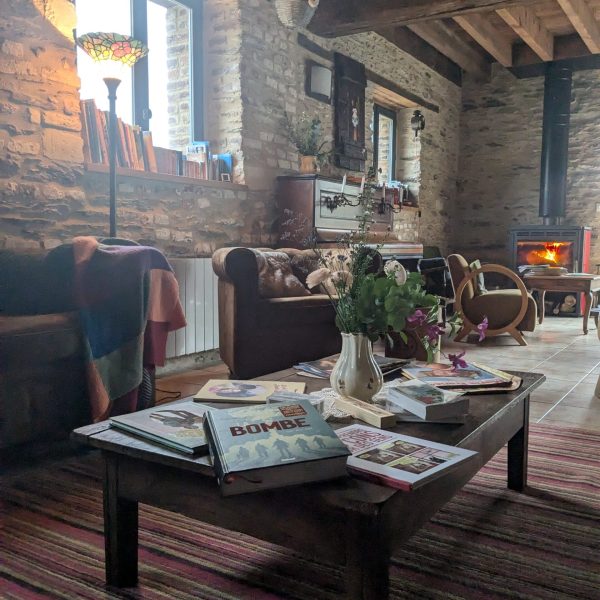 Salon chaleureux chez Josette avec feu réconfortant